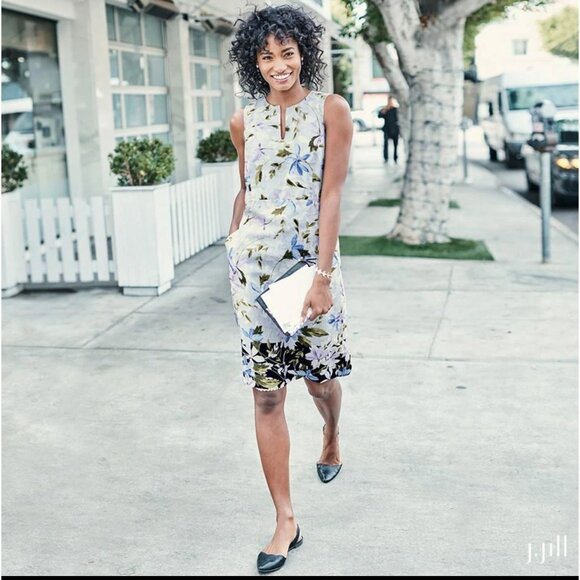 J. Jill Linen Floral Print Midi Dress Sz M Womens Summer Blue White Purple Sheat - Picture 14 of 15